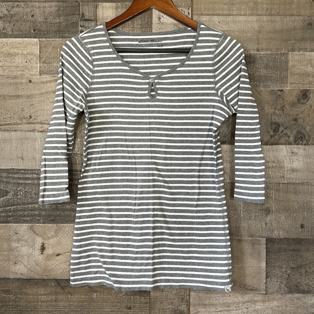 Eddie Bauer Top Womens M Gray and White Striped 3/4 Sleeve Stretch Keyhole